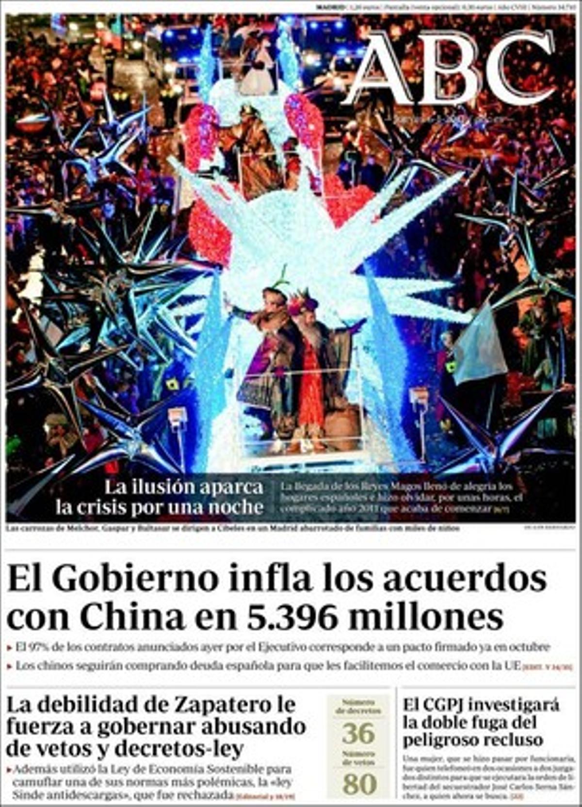 ’Abc’ destaca a més que Aznar s’uneix a Rajoy en un acte de partit en plena ressaca amb Cascos; que Mas acudeix ara al TC per blindar la despesa de l’Estat a Catalunya que estipula l’Estatu, i que la banca espanyola dispara les comissions que cobra als seus clients.