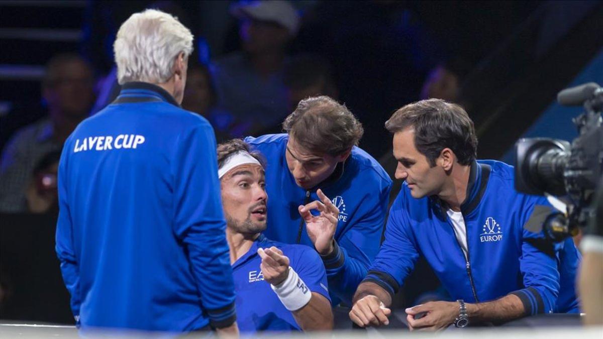Nadal y Federer aconsejando a Fognini