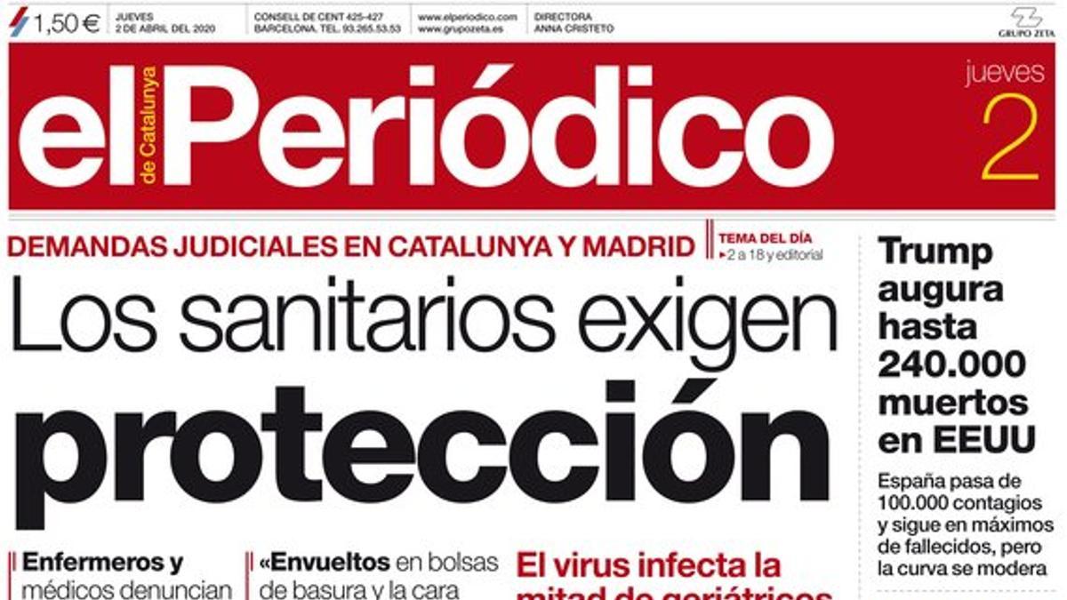 La portada de EL PERIÓDICO del 2 de abril del 2020