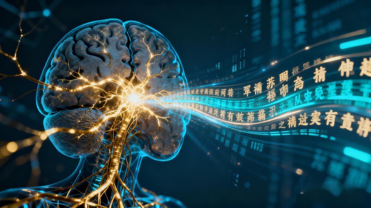 Vías neuronales que convergen en caracteres chinos fluidos, simbolizando la decodificación del habla mandarín mediante una interfaz cerebro-ordenador.