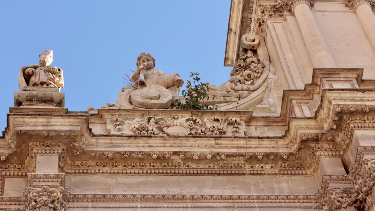 Arbustos y una higuera junto a uno de los ángeles del lado izquierdo del tercer cuerpo de la fachada de la antigua colegial de San Patricio.