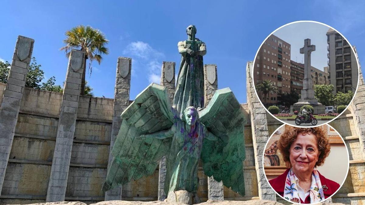 Monumento a Franco en Santa Cruz. En las imágenes pequeñas, la Cruz de los Caídos cacereña y María del Mar Lozano Bartolozzi.