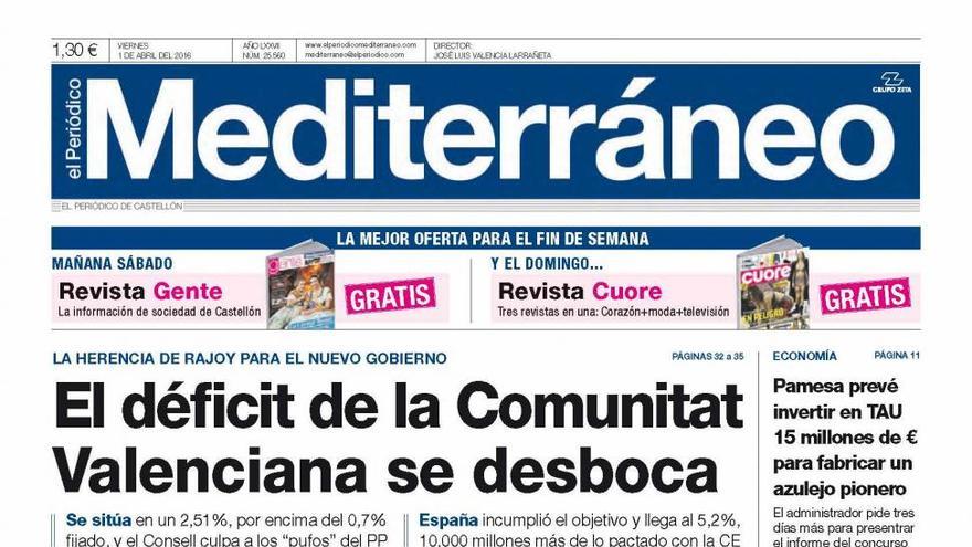 El déficit de la Comunitat Valenciana se desboca, hoy en la portada de Mediterráneo