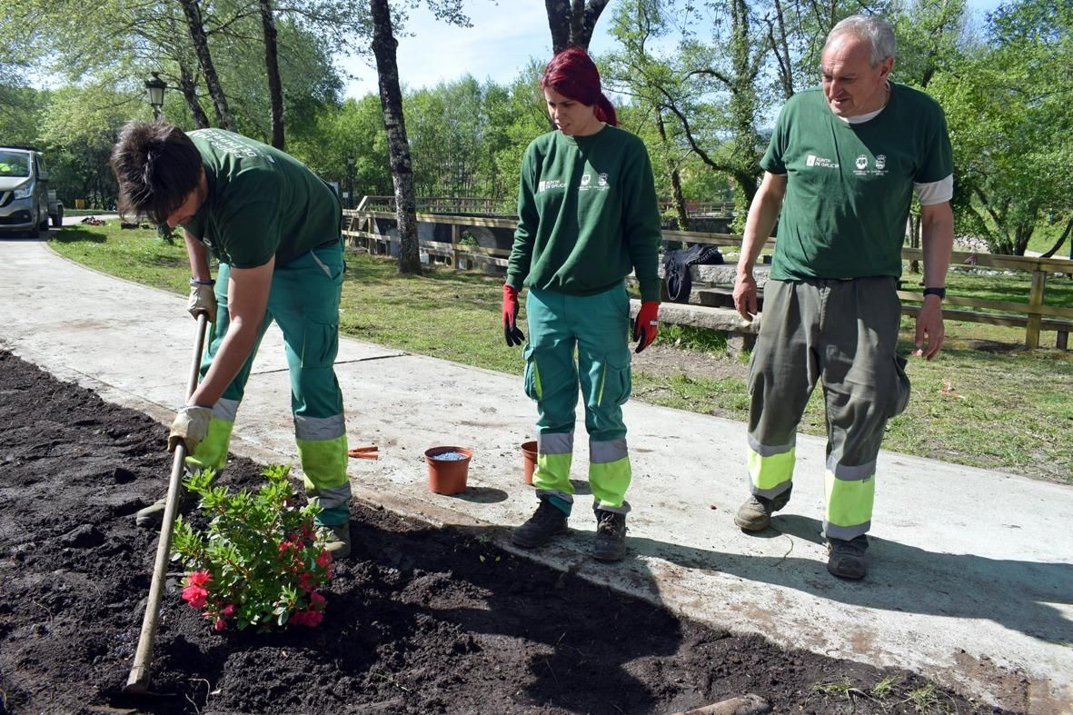 Alumnos del "Obradoiro de Emprego Xóvenes" durante la reforma y ajardinamiento del Parque Irmáns Dios Mosquera, en Valga.