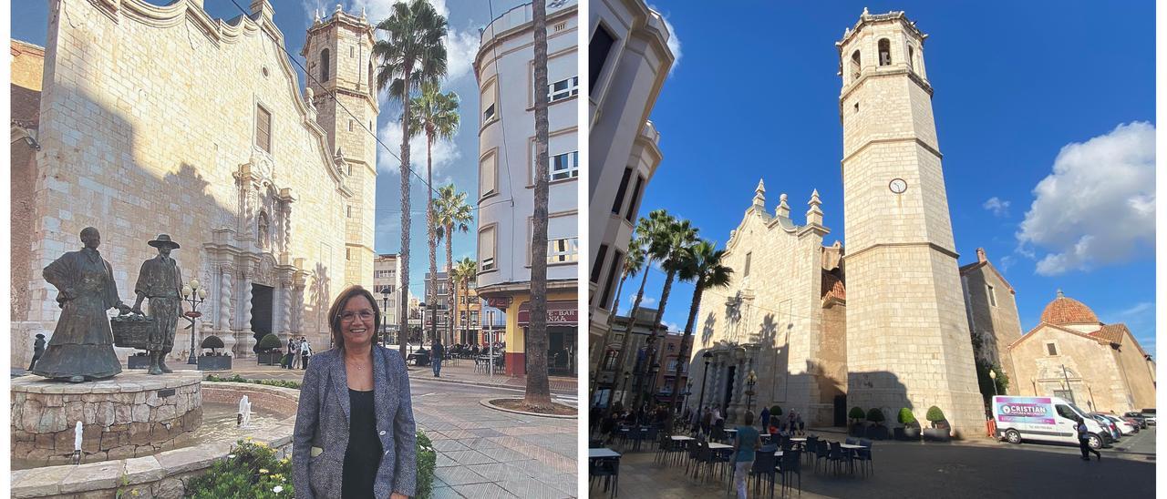 A la izquierda, la alcaldesa de Benicarló, Xaro Miralles, posa frente a la fachada de la iglesia y del campanario. A la derecha, imagen detallada de la torre que ha centrado todas las miras.