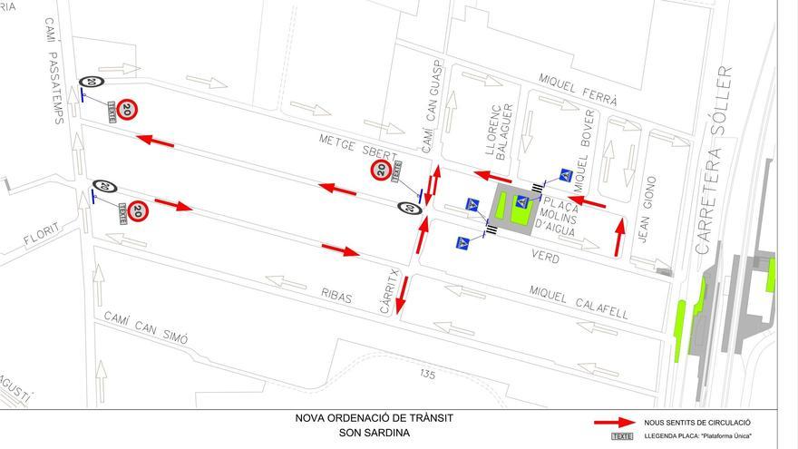 Mapa con las actuaciones de reordenación del tráfico que comienzan este lunes en Son Sardina.