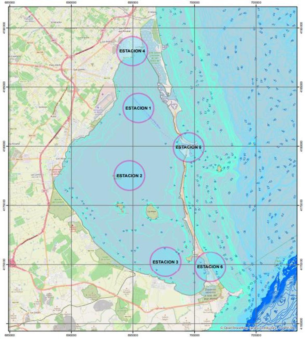 Mapa con la ubicación de las estaciones de monitorización en el Mar Menor