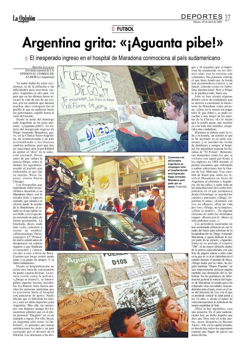 Reportaje "Argentina grita: "Aguanta pibe"", en La Opinión de Zamora