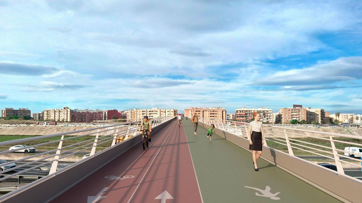 Recreación por IA de la nueva pasarela ciclopeatonal sobre la V-30 y el Túria entre el Barrio de la Luz y el núcleo urbano de Xrivella