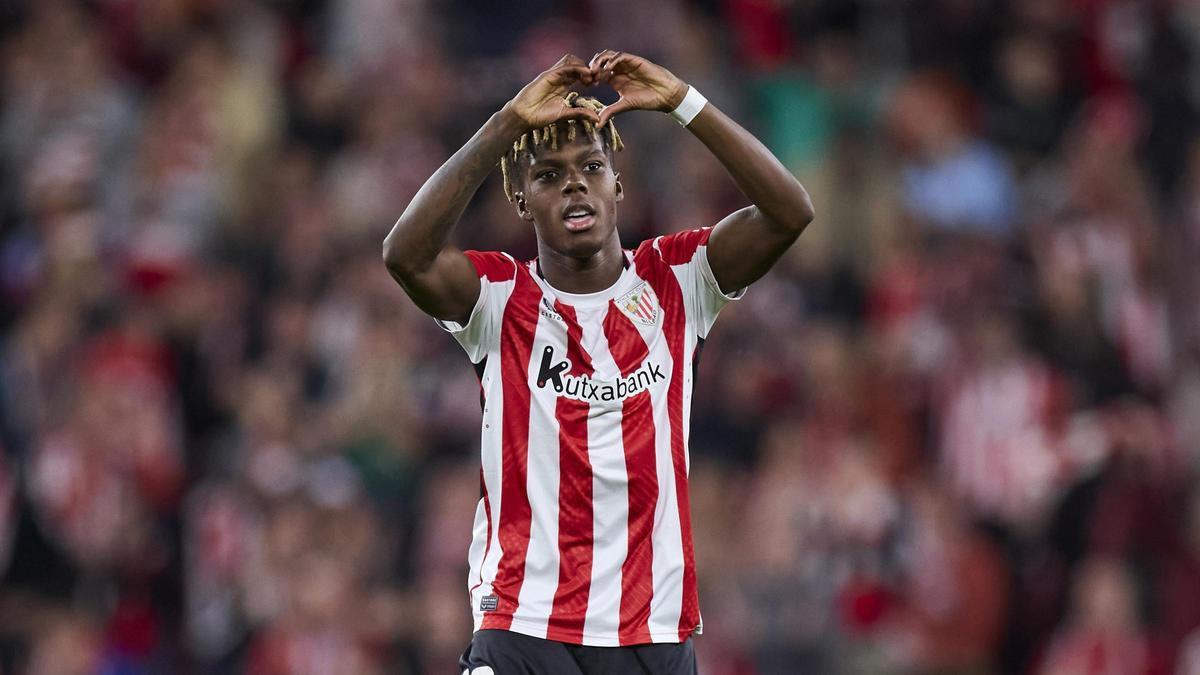 Nico Williams dibuja un corazón en un partido con el Athletic. Nico Williams dibuja un corazón en un partido con el Athletic.