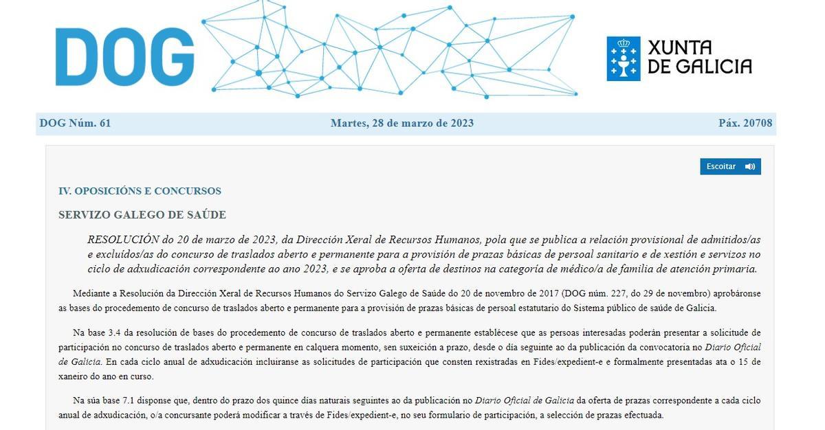 Publicación de la lista de admitidos en el concurso de traslados y los destinos para médicos de Primaria