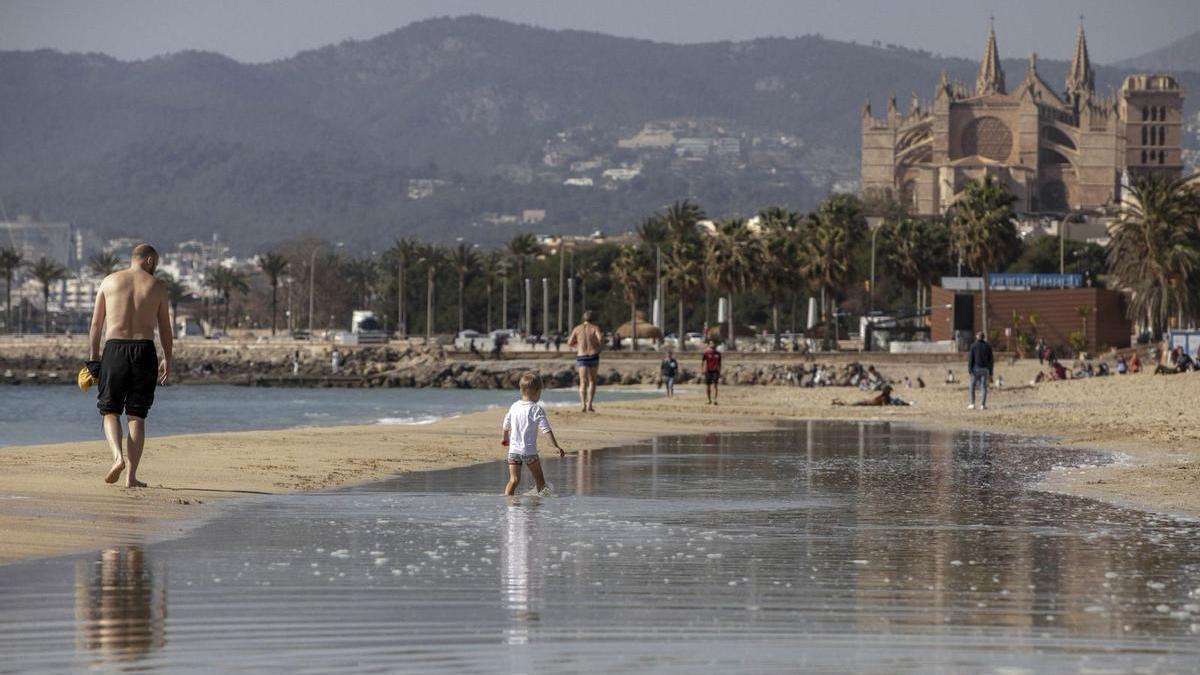 Un padre y su hijo pasean por la playa de Can Pere Antoni con la Catedral de fondo