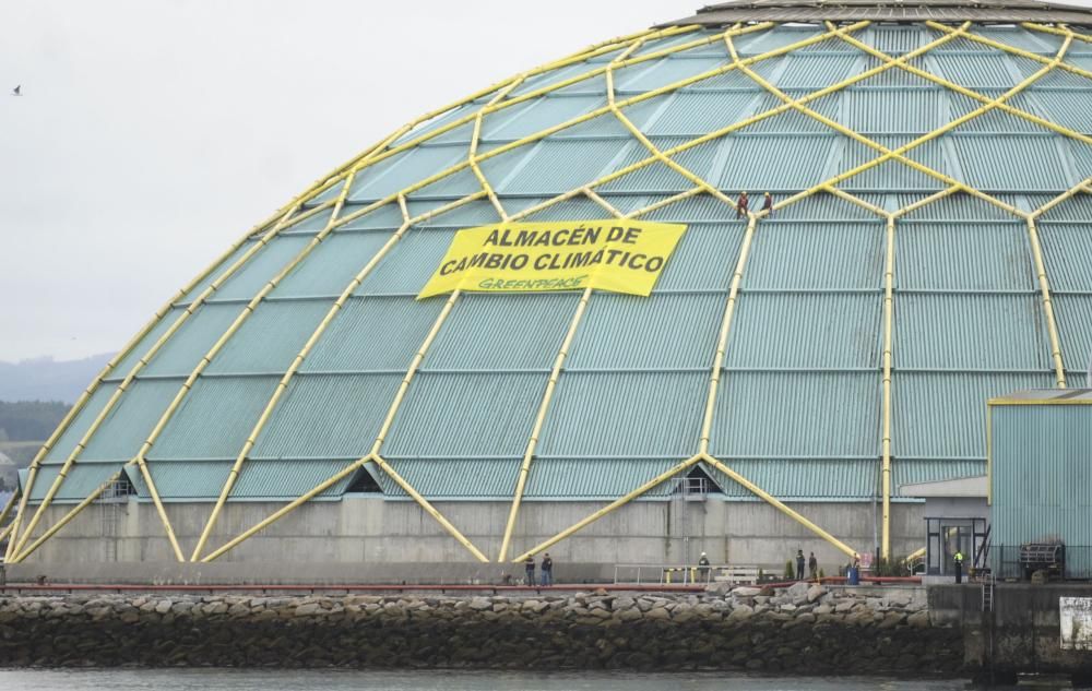 Un grupo de activistas se han desplazado en zódiacs a la instalación de almacenaje de carbón, conocida como ' Medusa', para impedir la entrada de carga por tren.