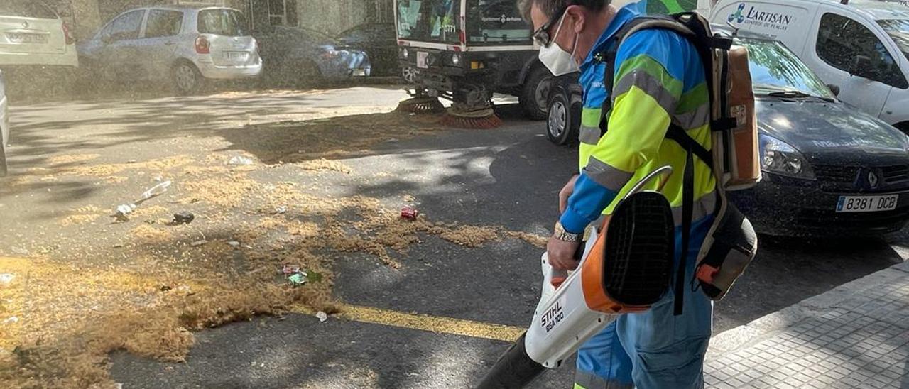 Un operario retira el polen acumulado en la calzada.