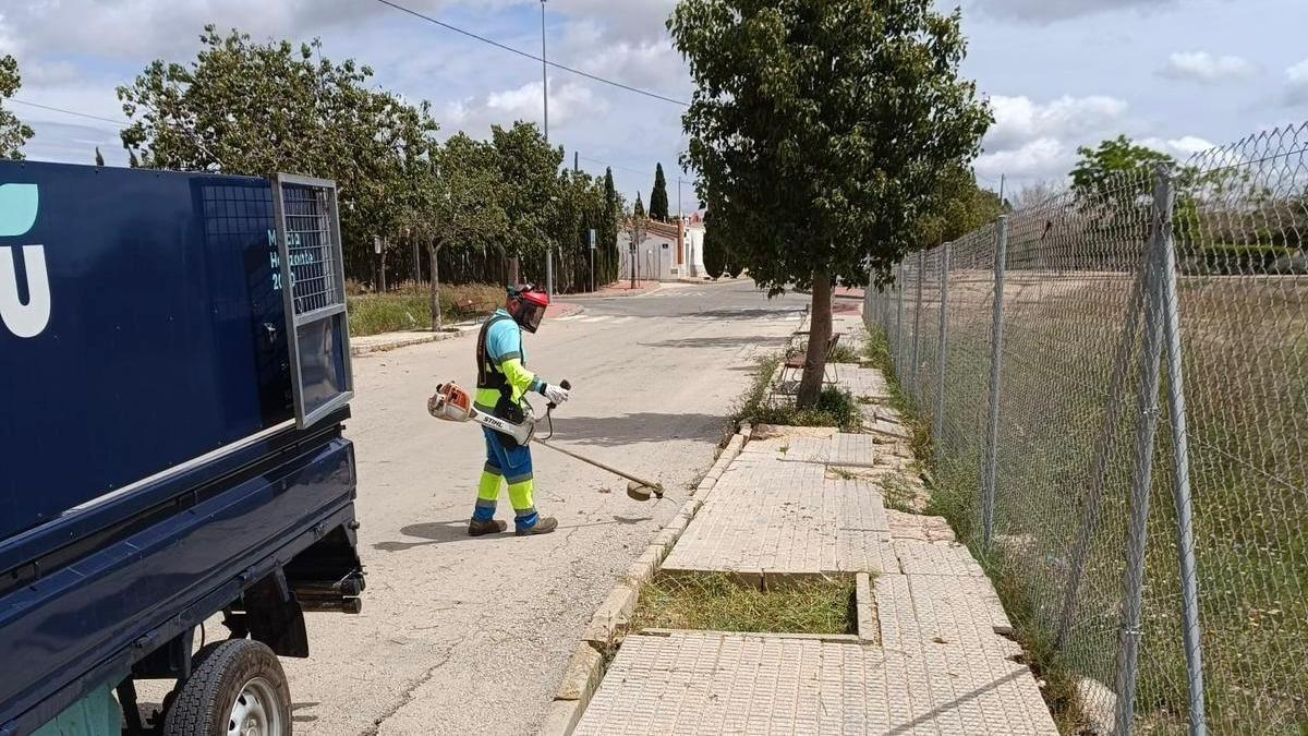 Un operario del servicio de limpieza municipal realiza labores de desbroce.