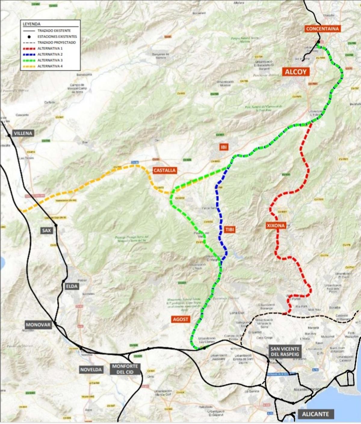 Mapa con las cuatro alternativas que plantea la asociación Alcoi Industrial