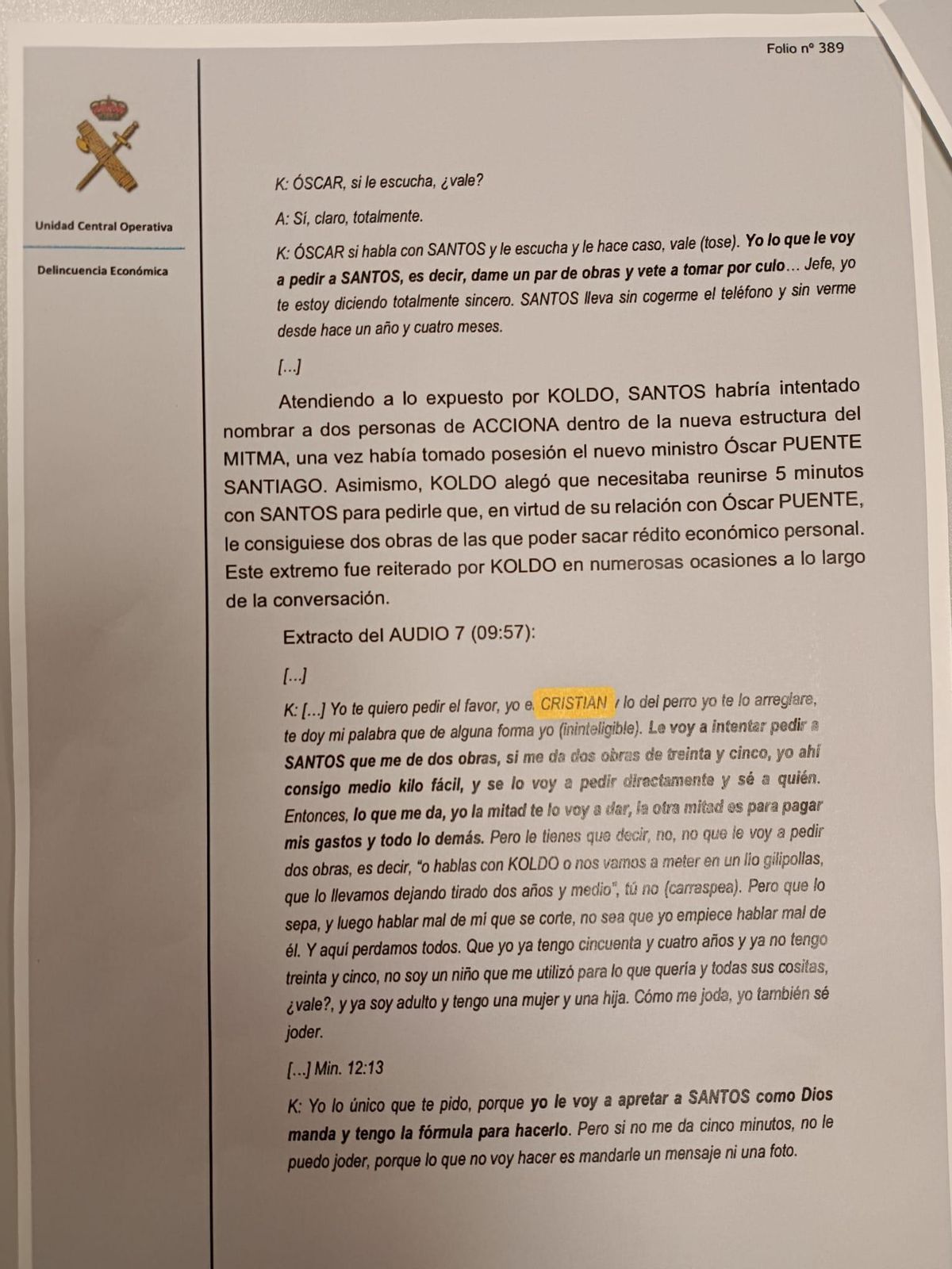 Páginas 389 del informe de la UCO, con el extracto de uno de los audios donde aparece el nombre de Cristian Corvillo.