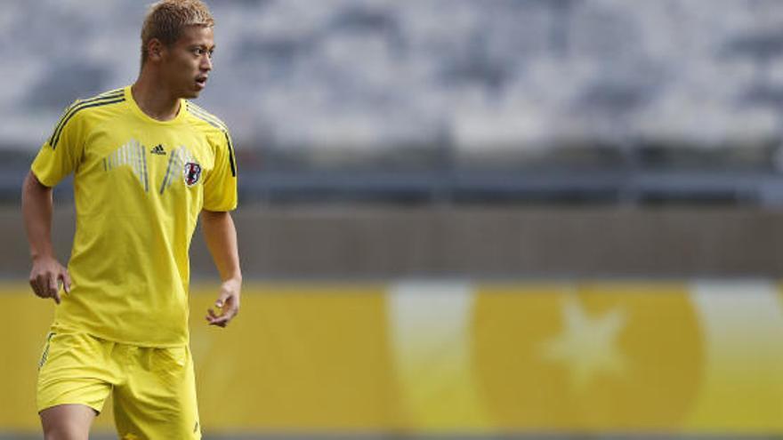 Honda, en un entrenamiento de Japón en el Mundial de Brasil.