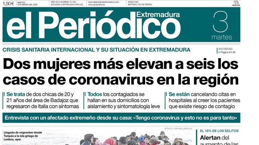 Esta es la portada de EL PERIÓDICO EXTREMADURA correspondiente al día 3 de marzo del 2020