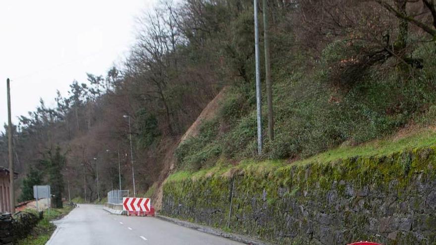 La carretera cortada, con el argayu al fondo.