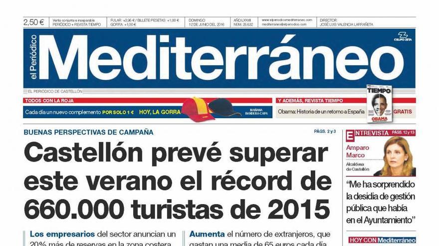 Castellón prevé superar este verano el récord de 660.000 turistas, hoy en la portada del periódico Mediterráneo