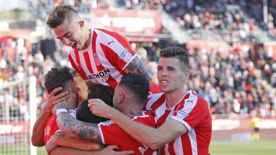 Els jugadors del Girona celebrant un gol a Montilivi