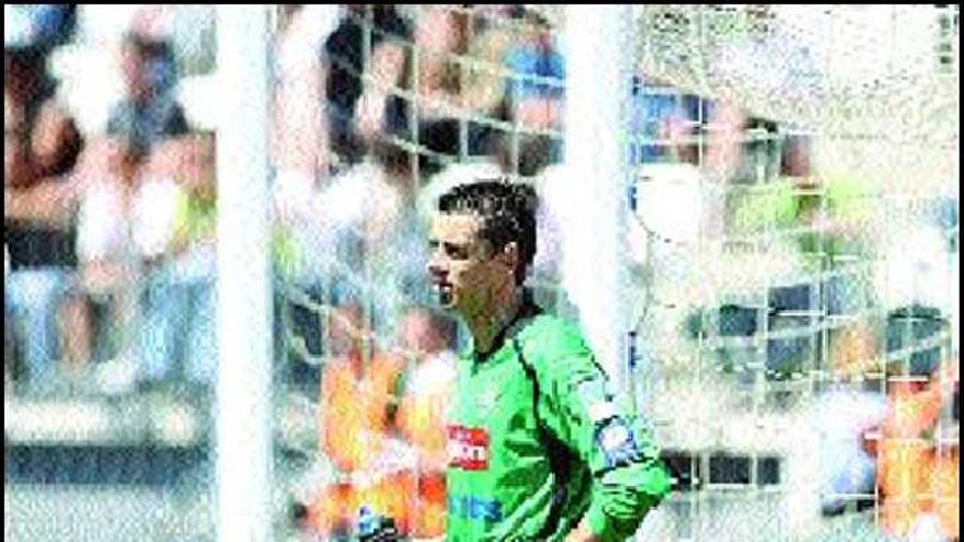 Roberto, abatido, se apoya en un poste tras recibir un gol en La Rosaleda.