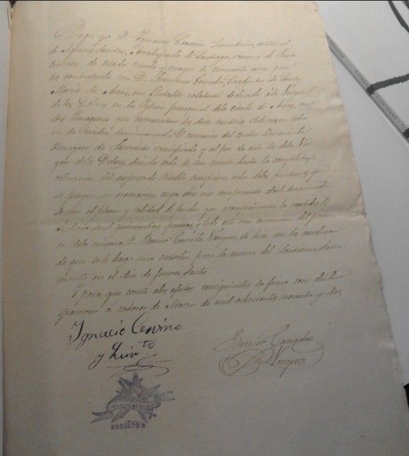 Contrato asinado por Ignacio Cerviño do retablo da Virxe das Dores.