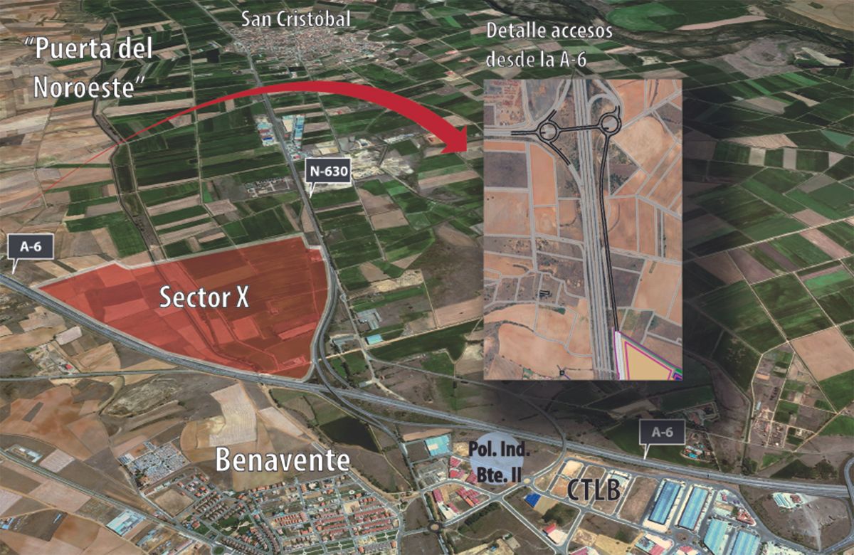 Infografía con la zona de desarrollo del Puerta del Noroeste, su ubicación y el detalle de los accesos desde la A-6.