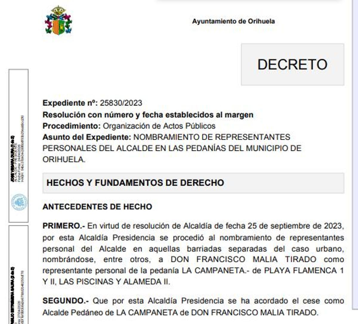 Extracto del decreto de Alcaldía que se puede consultar por los ciudadanos en la sede electrónica