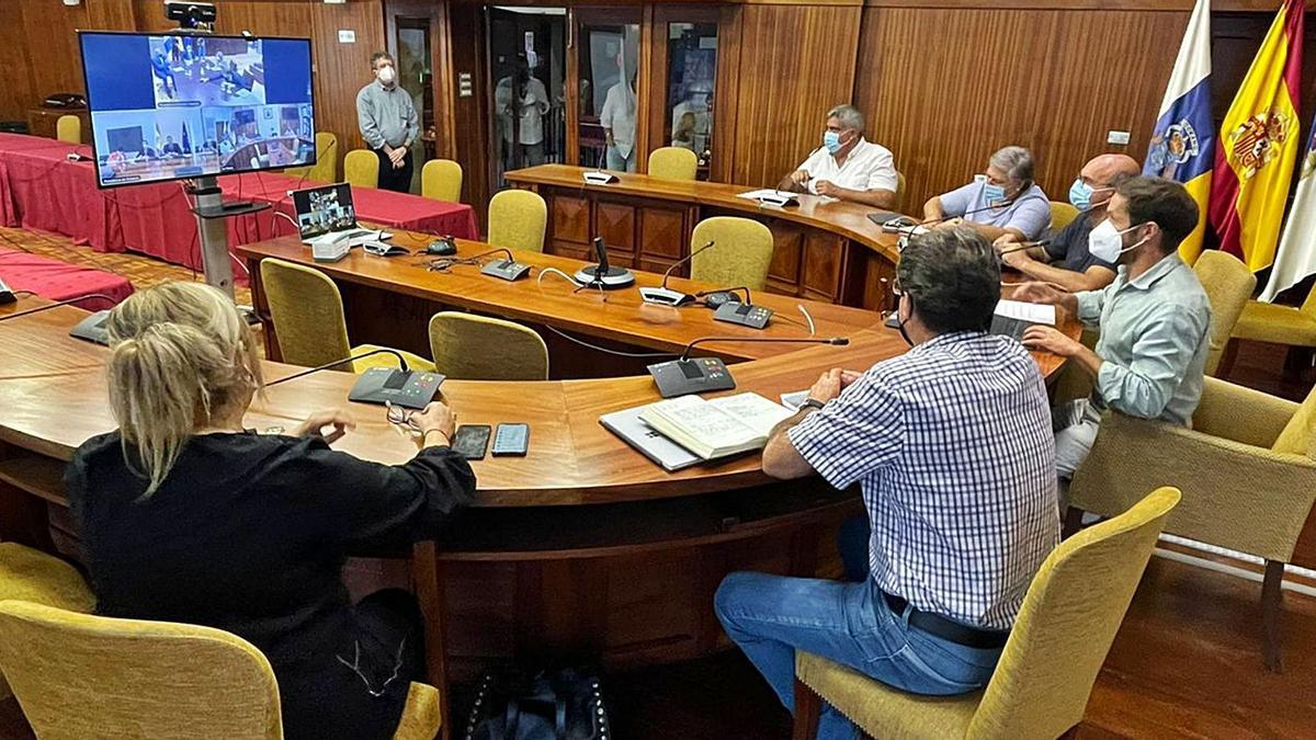 El presidente del Cabildo palmero, Mariano Hernández Zapata, y el delegado del Gobierno,  Anselmo Pestana, junto a los alcaldes ayer en la comisión mixta. | | LP/DLP