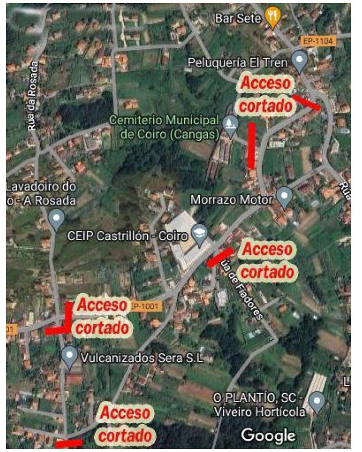 Plano con los cortes de tráfico.