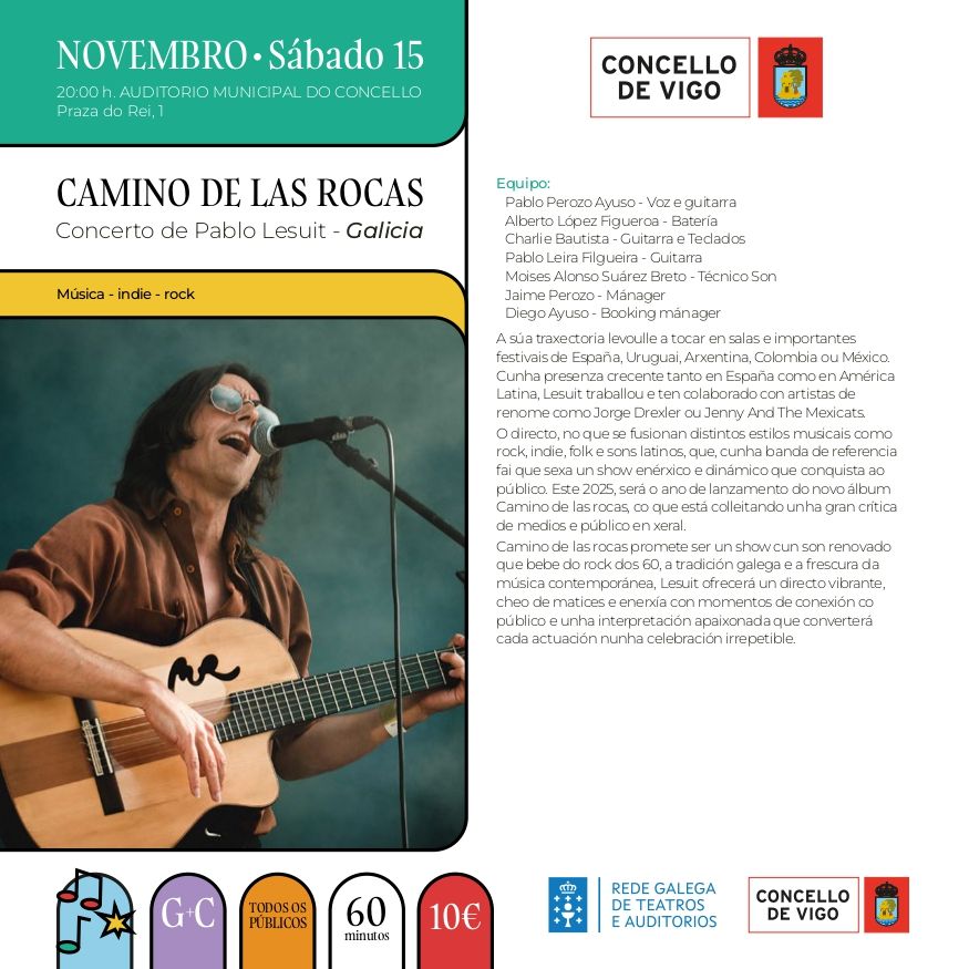 Ficha del concierto «Camino de las rocas» de Pablo Lesuit en VigoCultura 2025