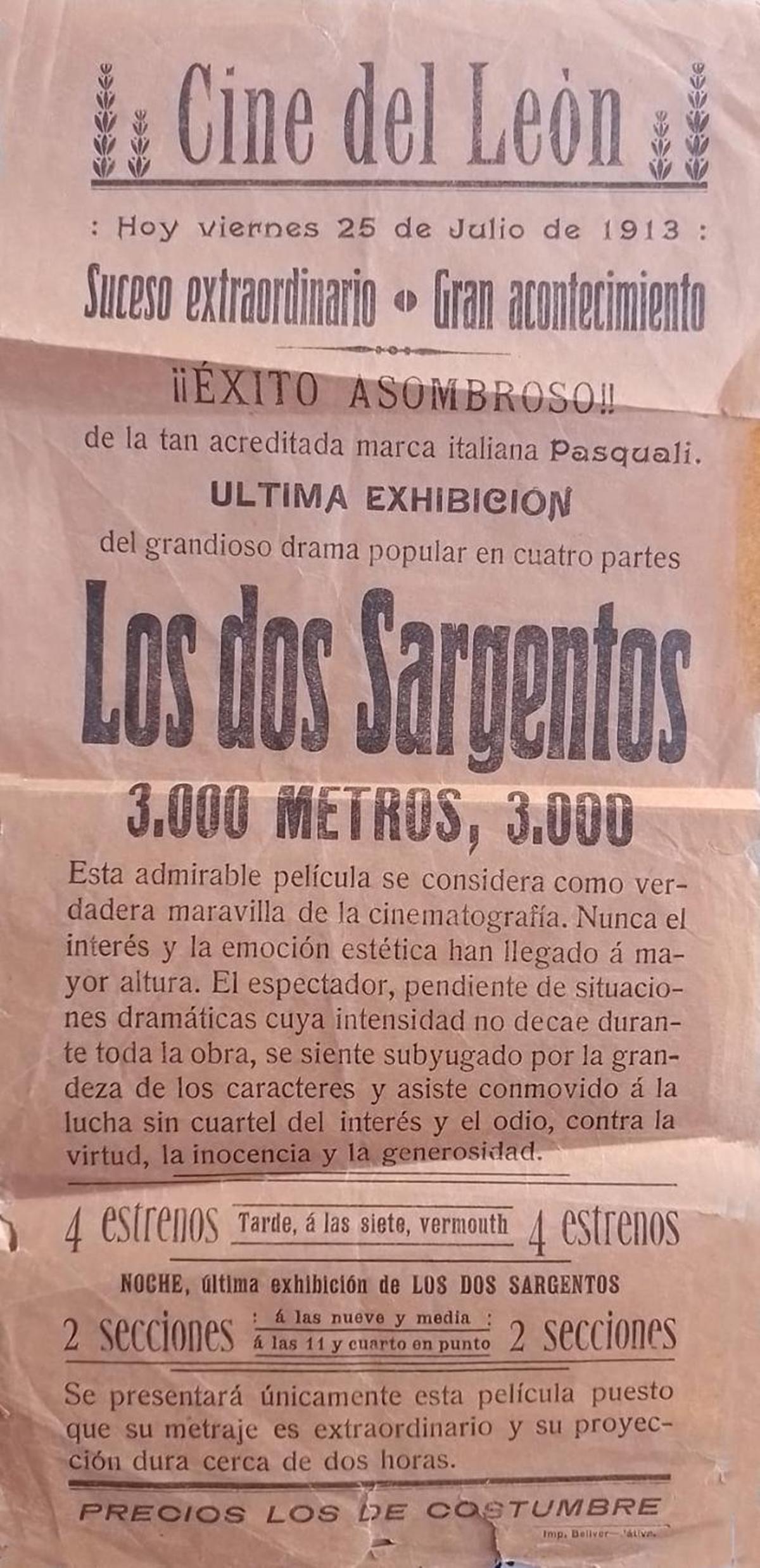 Cartel del cine del León de Xàtiva promocionando la película "Los dos sargentos", en julio de 1913.