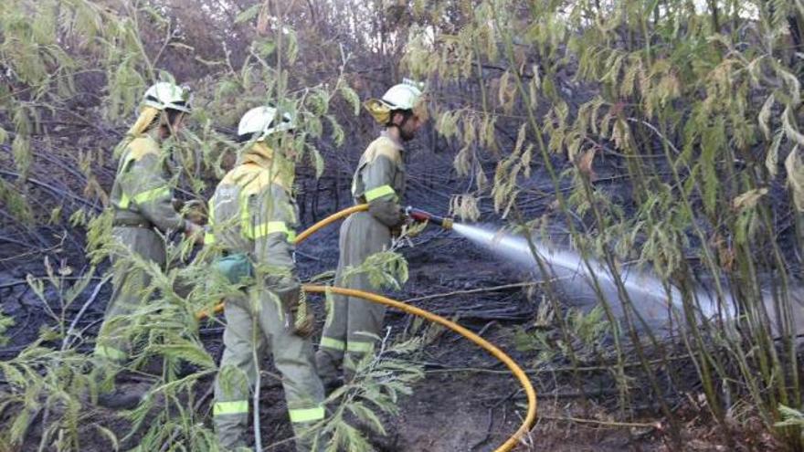 Los efectivos de extinción apagan las llamas de la reproducción de un incendio en Bobadela. / jesús regal