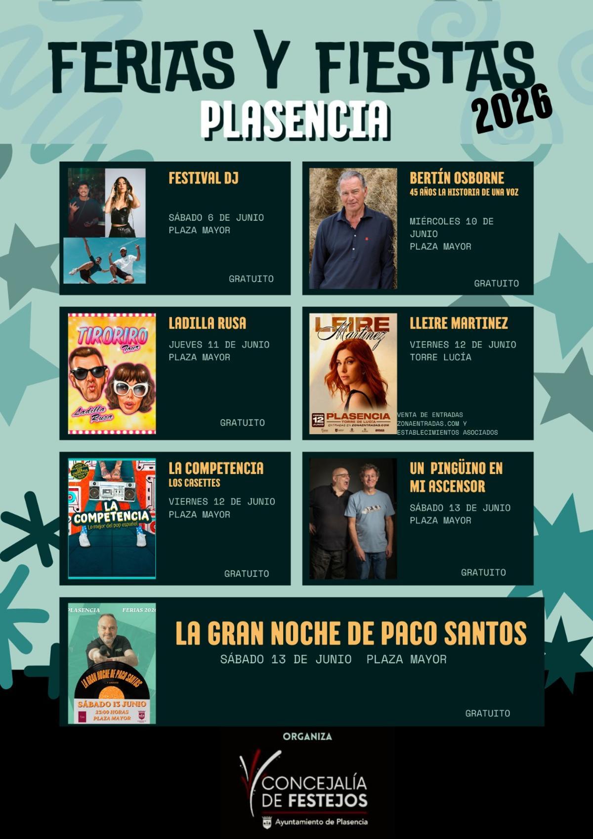 Cartel inicial con los conciertos de la feria de Plasencia.