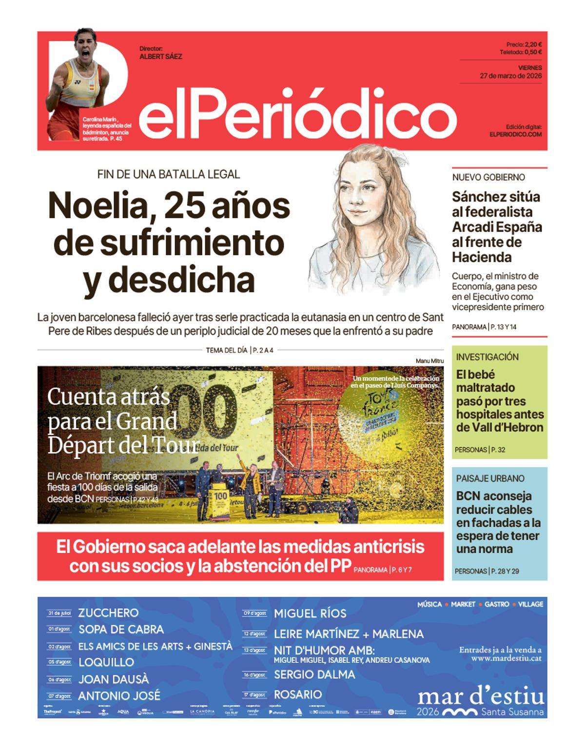 La portada de EL PERIÓDICO del 27 de marzo de 2026