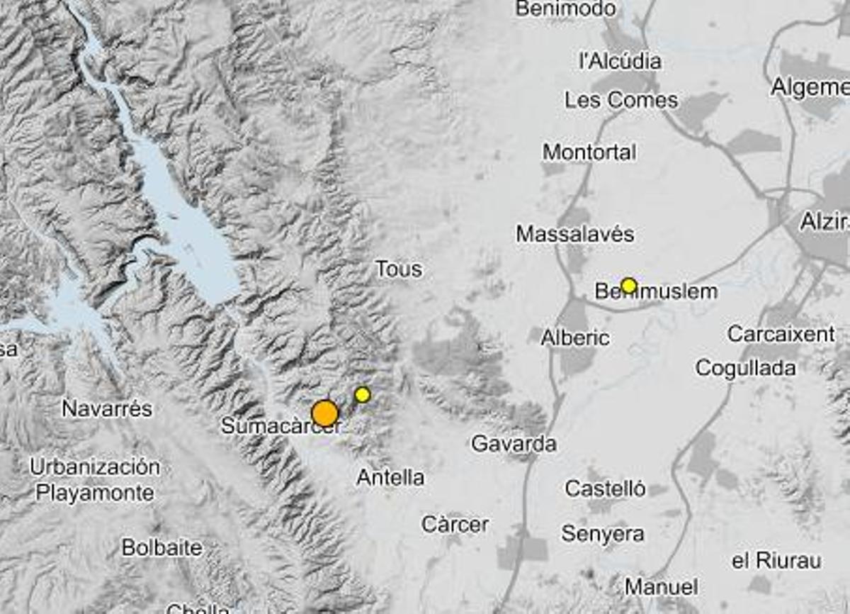 Localización de los últimos tres movimientos sísmicos en la Ribera.
