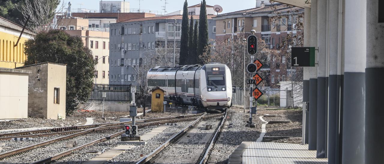 Un tren llega a la estación de Badajoz.