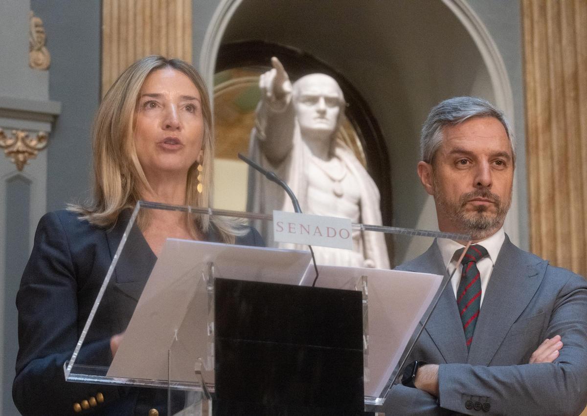 La portavoz del PP en el Senado, Alicia García y el diputado del PP Juan Bravo, durante una rueda de prensa, en el Senado, a 4 de diciembre de 2024, en Madrid (España).  Durante su comparecencia, ha presentado las enmiendas del Partido Popular al pacto fi
