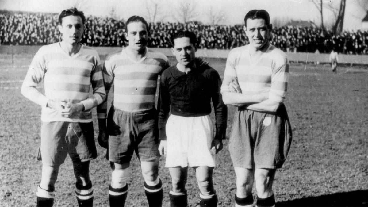 Josep Raich, Josep Escolà, Mario Cabanes y Domènec Balmanya la tarde del 27 de febrero de 1938, momentos antes del Metz-Sète del campeonato francés. Cuatro fenómenos del Barça lejos de Les Corts...