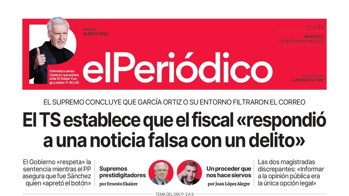 La portada de EL PERIÓDICO del 10 de diciembre de 2025