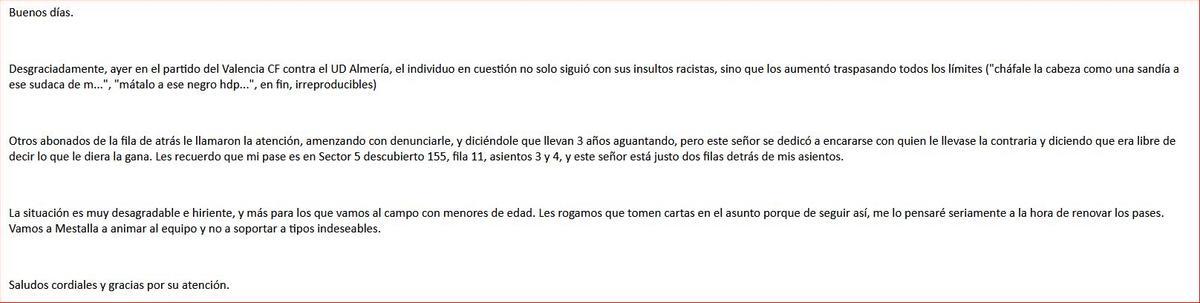 Correo enviado por el abonado documentando los insultos en enero de 2023.