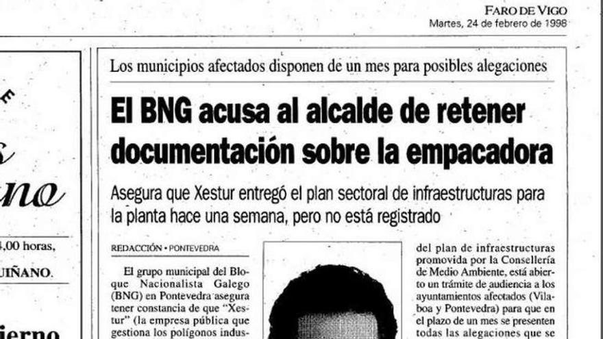 Páginas de FARO DE VIGO de febrero de 1998 y agosto de 1997 en las que el BNG rechazaba el proyecto de la empacadora de Vilaboa. // FdV