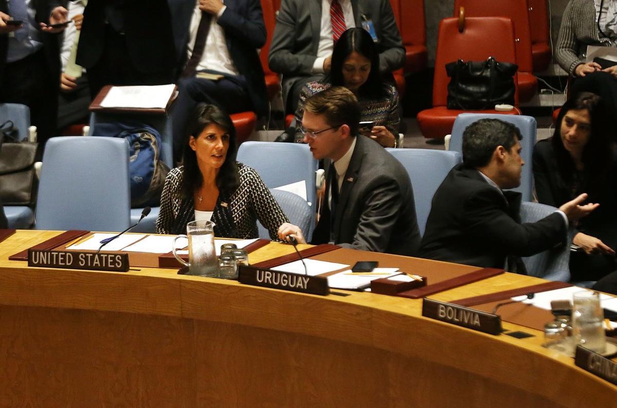 NEW YORK, NY - AUGUST 29: United States ambassador to the United Nations (UN) Nikki Haley attends a UN Security Council emergency meeting over North Korea’s latest missile launch on August 29, 2017 in New York City. The meeting, which was at the request of Japan U.S. diplomats, comes after the nuclear-armed North fired a ballistic missile over Japan and into the Pacific Ocean on Tuesday.   Spencer Platt/Getty Images/AFP