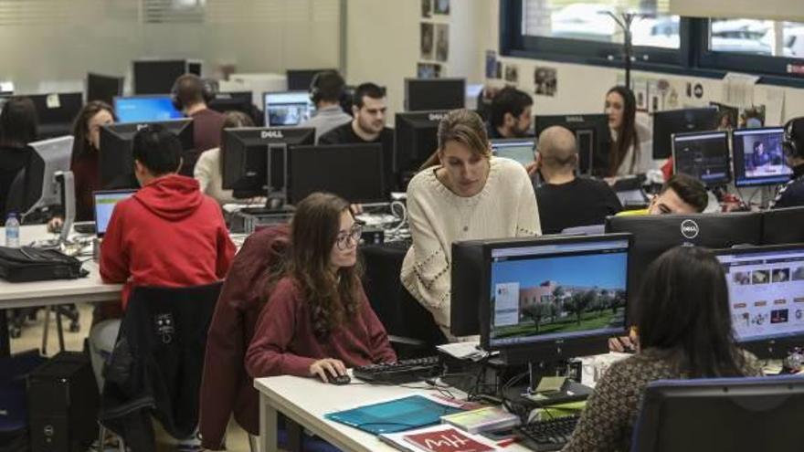 Trabajadores y estudiantes de la Universidad en el edificio Rectorado del campus ilicitano.