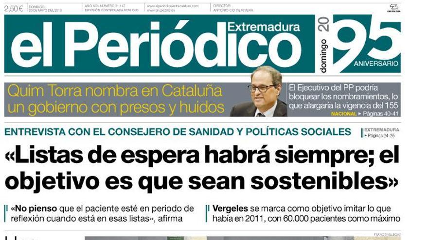 Esta es la portada de EL PERIÓDICO EXTREMADURA correspondiente al día 20 de mayo del 2018