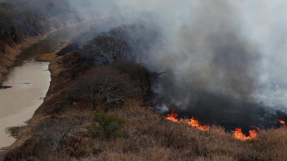 Incendio en la rivera del río Paraná, cerca de la ciudad de San Lorenzo.