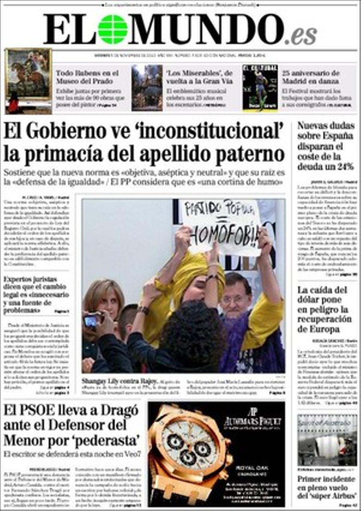 A més, ’El Mundo’ també informa que Batasuna inicia una campanya a favor de l’excarceració d’Otegi; que el Ministeri de l’Interior esquiva sentències contràries a un excés de nomenament de comissaris a dit; que Maria Antonia Munar anirà a judici per un ’pelotazo’ de 30 milions d’euros; que els Mossos afirmen que els furts han baixat un 5% a Barcelona; que la caiguda del dòlar amenaça els països europeus, i que Enric Enrech impugna les eleccions a l’Orfeó Català.