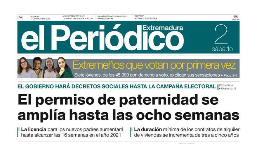 Esta es la portada de EL PERIÓDICO EXTREMADURA correspondiente al día 2 de marzo del 2019